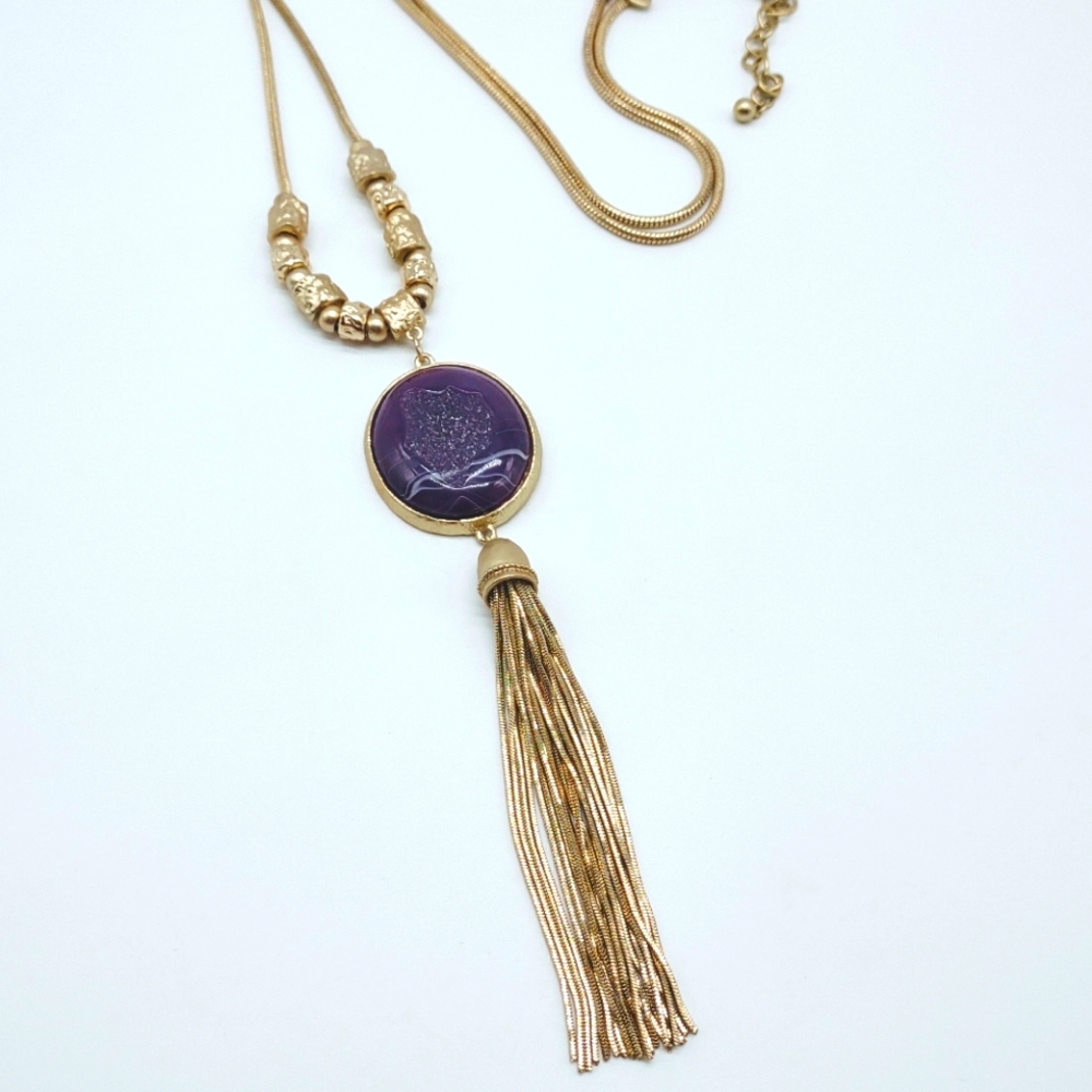 Chico's Faux Druzy Agate Chain Tassel Necklace